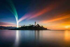 een vuurtoren Aan een eiland met een regenboog licht. ai-gegenereerd foto