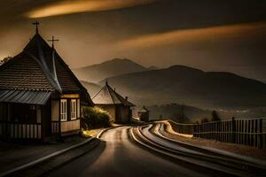 een weg leidend naar een kerk in de bergen. ai-gegenereerd foto