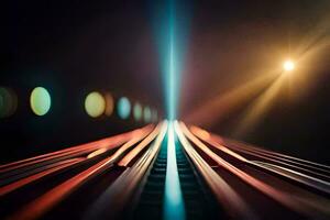 een trein bijhouden met lichten en een helder licht. ai-gegenereerd foto