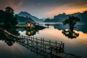 een klein houten huis zit Aan de rand van een meer. ai-gegenereerd foto