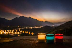 drie kleurrijk kaarsen zitten Aan een richel met uitzicht een berg. ai-gegenereerd foto