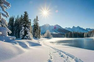 een besneeuwd landschap met een meer en bomen. ai-gegenereerd foto