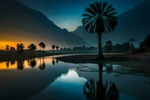 een palm boom staat in de midden- van een rivier- Bij zonsondergang. ai-gegenereerd foto