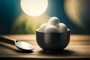 eieren in een kom Aan een tafel. ai-gegenereerd foto