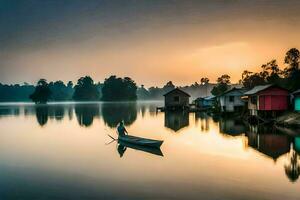 een Mens in een boot is drijvend Aan de water Bij zonsopkomst. ai-gegenereerd foto