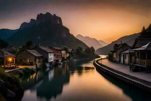 foto behang de lucht, bergen, water, rivier, huizen, bergen, rivier, de zon. ai-gegenereerd