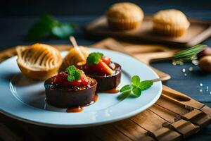 een bord met twee mini gevuld champignons en een stuk van brood. ai-gegenereerd foto