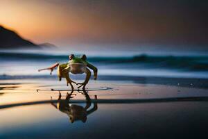 een kikker Aan de strand Bij zonsondergang. ai-gegenereerd foto