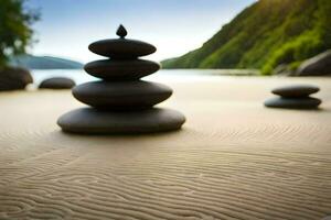 een stack van rotsen Aan de strand. ai-gegenereerd foto