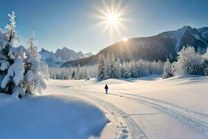 een persoon is wandelen aan de overkant een besneeuwd veld. ai-gegenereerd foto