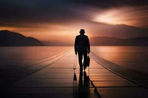 een Mens wandelen Aan een pier Bij zonsondergang. ai-gegenereerd foto