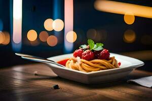 een kom van spaghetti met bessen en munt Aan een houten tafel. ai-gegenereerd foto