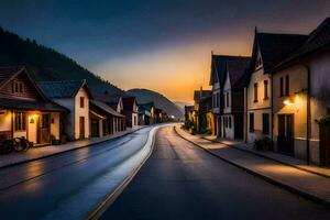 een lang blootstelling fotograaf van een straat in de midden- van de nacht. ai-gegenereerd foto