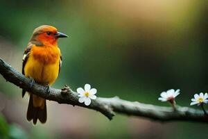 een klein oranje vogel zit Aan een Afdeling met wit bloemen. ai-gegenereerd foto