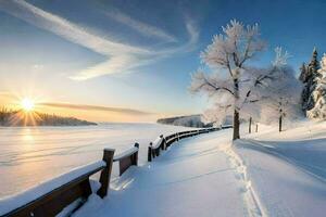 een besneeuwd landschap met bomen en de zon instelling. ai-gegenereerd foto