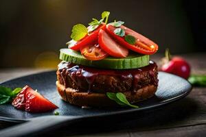 een Hamburger met tomaten en komkommers Aan een bord. ai-gegenereerd foto