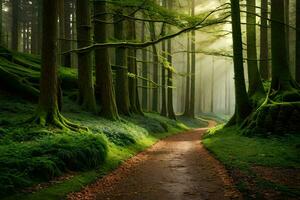 een pad door een groen Woud met bomen en zon. ai-gegenereerd foto