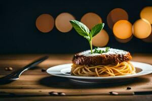 spaghetti met vlees en een fabriek Aan een bord. ai-gegenereerd foto