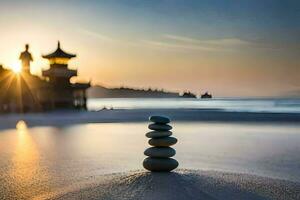 een stack van stenen Aan de strand Bij zonsondergang. ai-gegenereerd foto