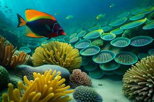 een onderwater- tafereel met kleurrijk vis en koralen. ai-gegenereerd foto
