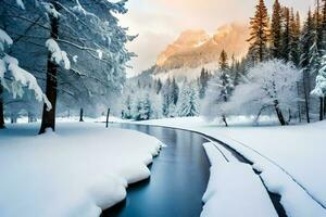 een rivier- loopt door een besneeuwd Woud. ai-gegenereerd foto