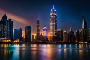 de stad horizon Bij nacht met lichten reflecterend uit de water. ai-gegenereerd foto