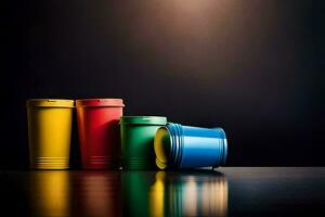 een rij van kleurrijk plastic cups Aan een donker oppervlak. ai-gegenereerd foto