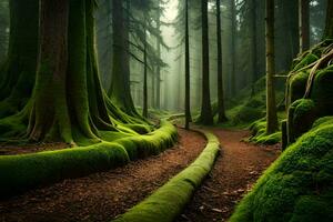 een pad door een Woud met bemost bomen. ai-gegenereerd foto