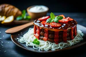 een bord met spaghetti en aardbeien Aan het. ai-gegenereerd foto