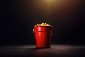 een rood emmer gevulde met popcorn Aan een donker achtergrond. ai-gegenereerd foto