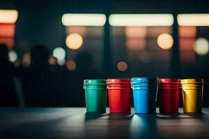 vier kleurrijk cups bekleed omhoog Aan een tafel. ai-gegenereerd foto