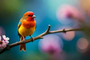 een kleurrijk vogel zit Aan een Afdeling met roze bloemen. ai-gegenereerd foto