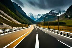 een snelweg met bergen in de achtergrond. ai-gegenereerd foto