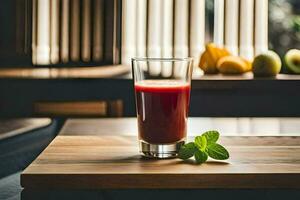 een glas van sap Aan een houten tafel. ai-gegenereerd foto