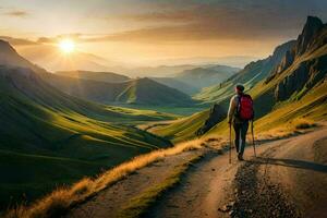 een Mens wandelingen Aan een weg in de bergen. ai-gegenereerd foto