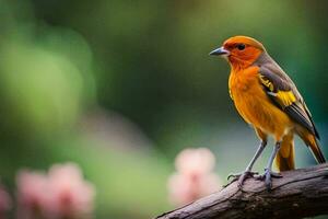 een klein oranje vogel is zittend Aan een Afdeling. ai-gegenereerd foto