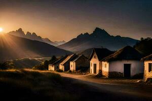de zon sets over- een dorp in de bergen. ai-gegenereerd foto