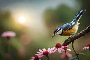 een vogel neergestreken Aan een Afdeling met roze bloemen. ai-gegenereerd foto