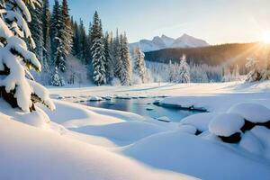 foto behang de lucht, sneeuw, bomen, bergen, rivier, zon, bergen, rivier,. ai-gegenereerd