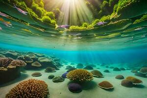 onderwater- foto van koralen en vis in de oceaan. ai-gegenereerd