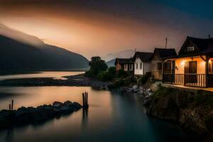 foto behang de lucht, bergen, meer, huis, de huis, de meer, de bergen. ai-gegenereerd