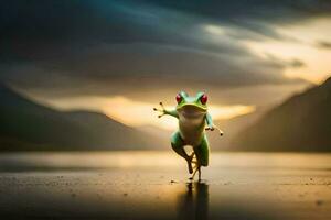 een kikker jumping Aan de grond met een zonsondergang in de achtergrond. ai-gegenereerd foto