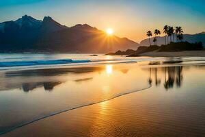 de zon stijgt over- de oceaan en bergen in Brazilië. ai-gegenereerd foto