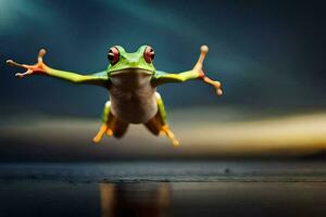 een kikker jumping in de lucht met haar armen uitgestrekt. ai-gegenereerd foto