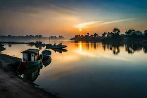 boten Aan de rivier- Bij zonsopkomst. ai-gegenereerd foto