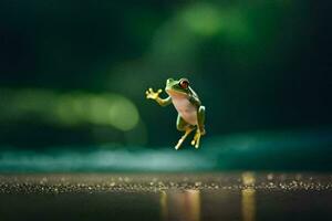 een kikker jumping in de lucht. ai-gegenereerd foto