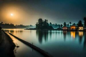 een huis Aan de water Bij zonsondergang. ai-gegenereerd foto