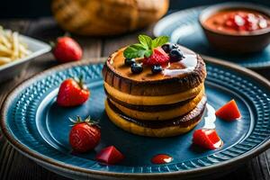 een stack van pannekoeken met aardbeien en siroop. ai-gegenereerd foto