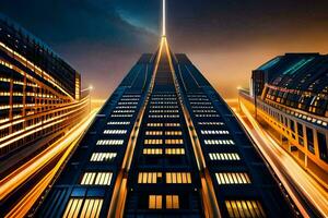 een lang blootstelling fotograaf van een hoog gebouw Bij nacht. ai-gegenereerd foto