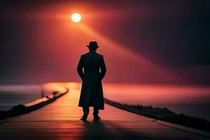een Mens in een hoed en jas wandelen Aan een pier Bij zonsondergang. ai-gegenereerd foto